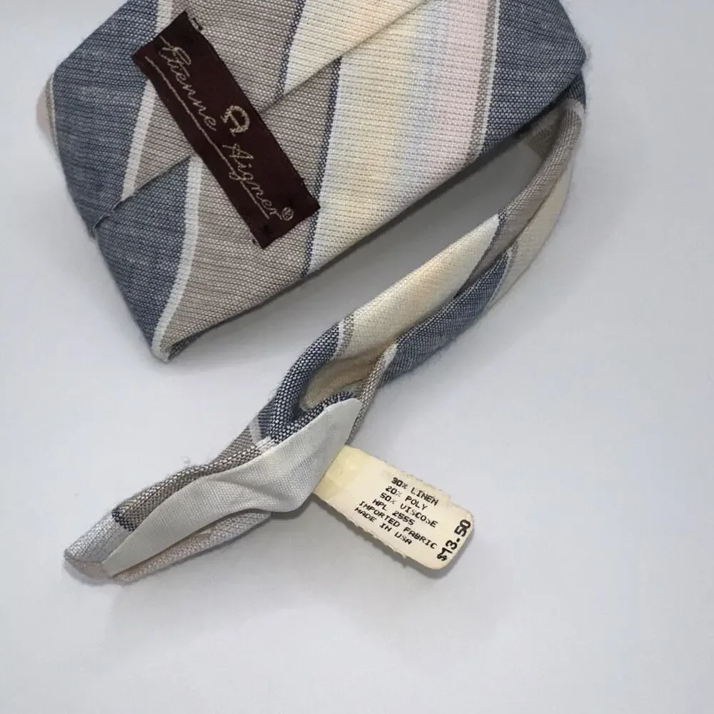 Vintage Etienne Aigner Gray Cream Striped‎ Neck Tie Made in Portugal Silk/Poly